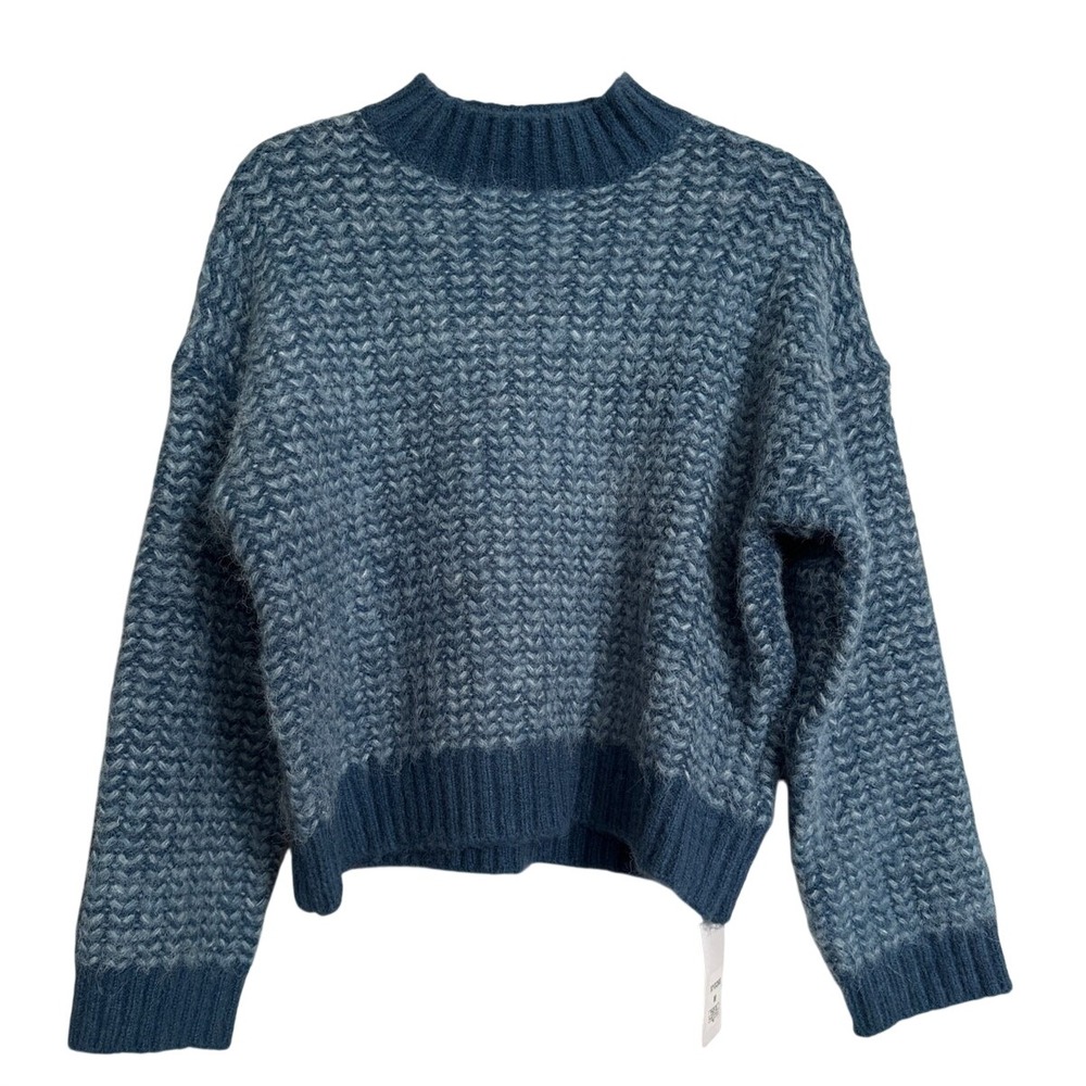 Knit Chunky Mock Neck Cropped Sweater Blue Marled M NWT‎